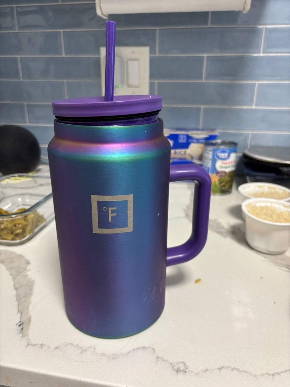 Rainbow Metallic Insulated Travel Mug with Handle - Purple